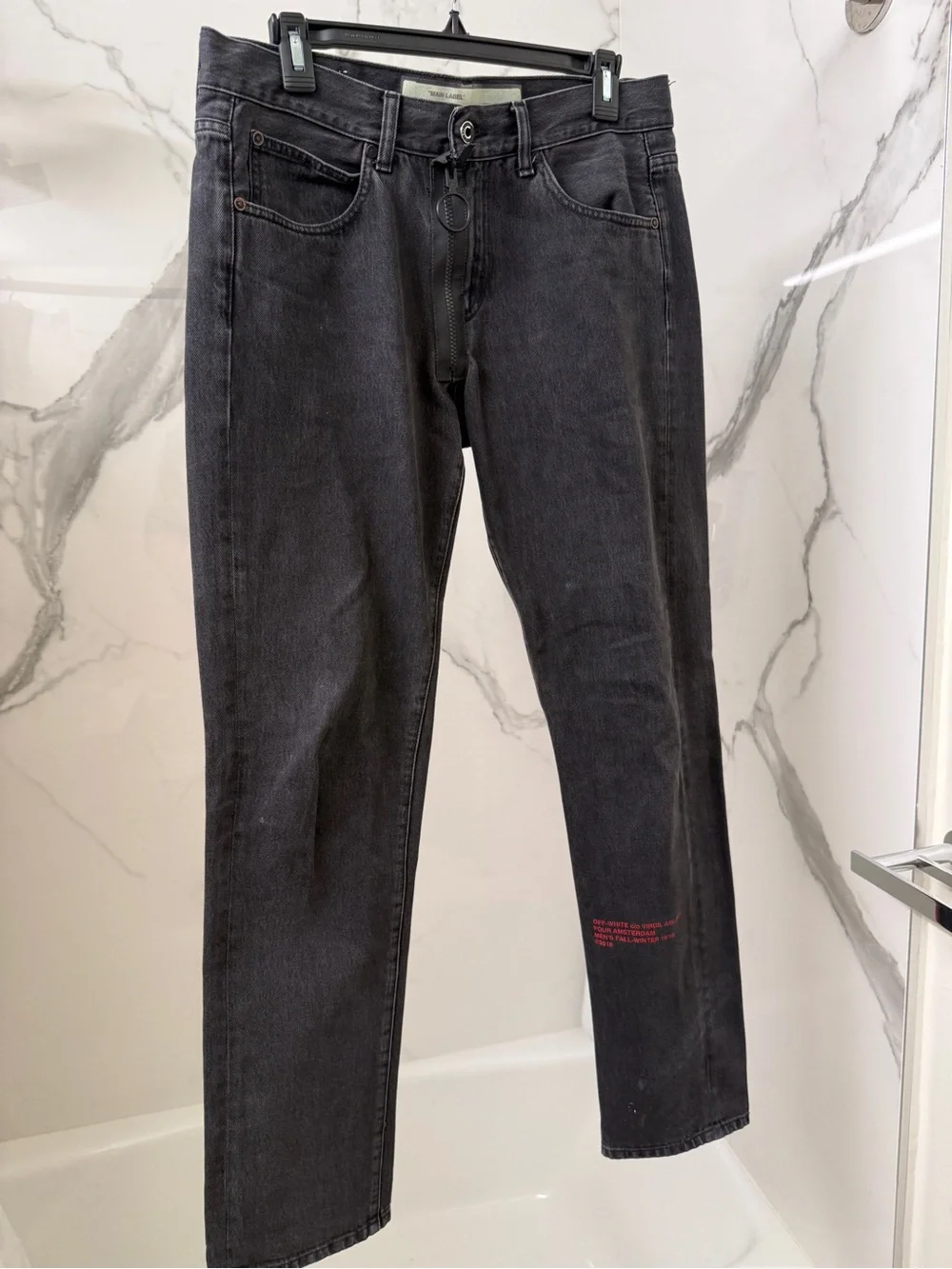 Men's Black Denim Jeans with Embroidered Red Diagonal Accents - Picture 2 of 8